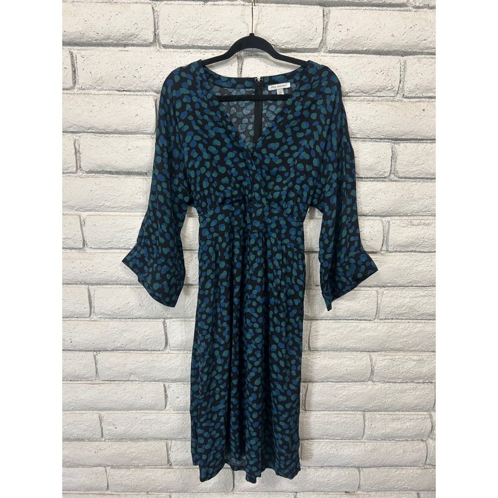 Free Assembly Womens Blue Teal Abstract Pebble Print Midi Dress V-Neck Size L‎